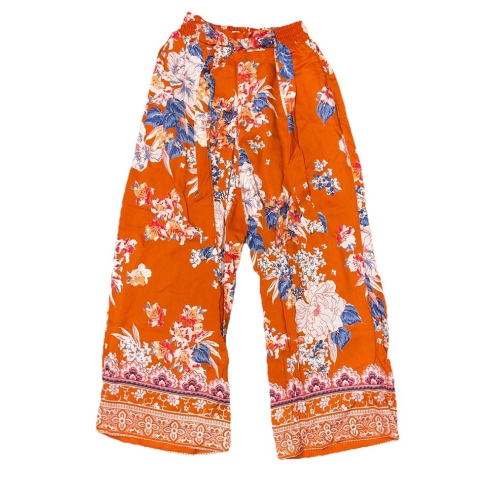 Angie Girls Burnt Orange Ankle Blue Floral Loose Fit Elastic Pants NWT Small